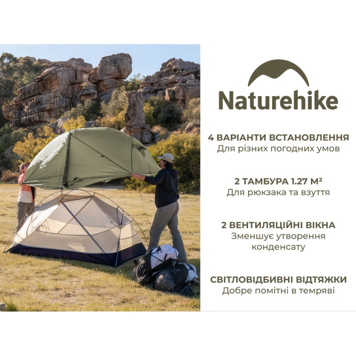 Палатка сверхлегкая двухместная Naturehike Mongar Hiking Tent Pro CNK2550WS037, 20D, зеленый  