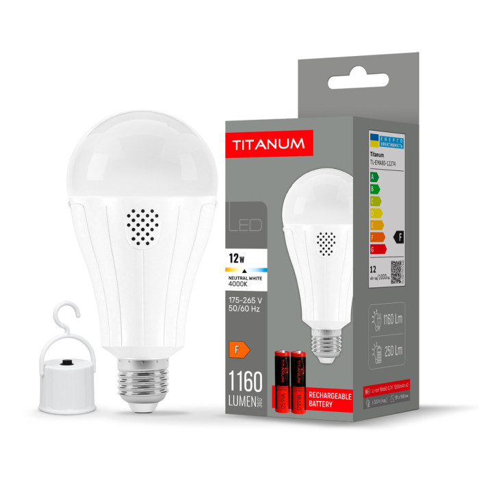 LED лампа аккумуляторная TITANUM A80 12W E27 4000K 230V  