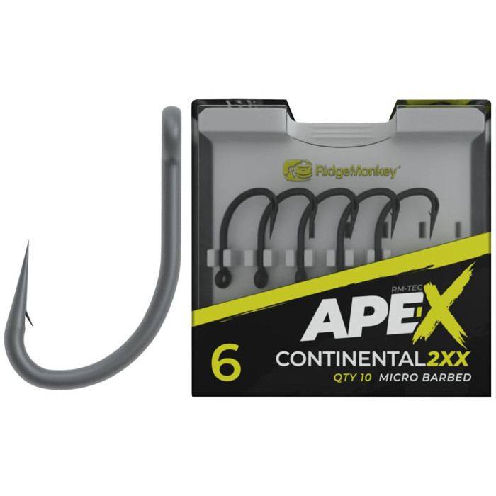 Крючок карповый RidgeMonkey Ape-X Continental 2XX с бородкой #4 (10 шт/уп)  