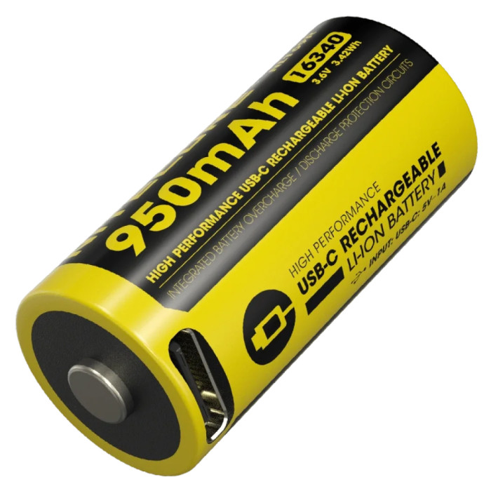 Аккумулятор литиевый Li-Ion RCR123A Nitecore NL169R 3.6V (950mAh, USB-C), защищенный  
