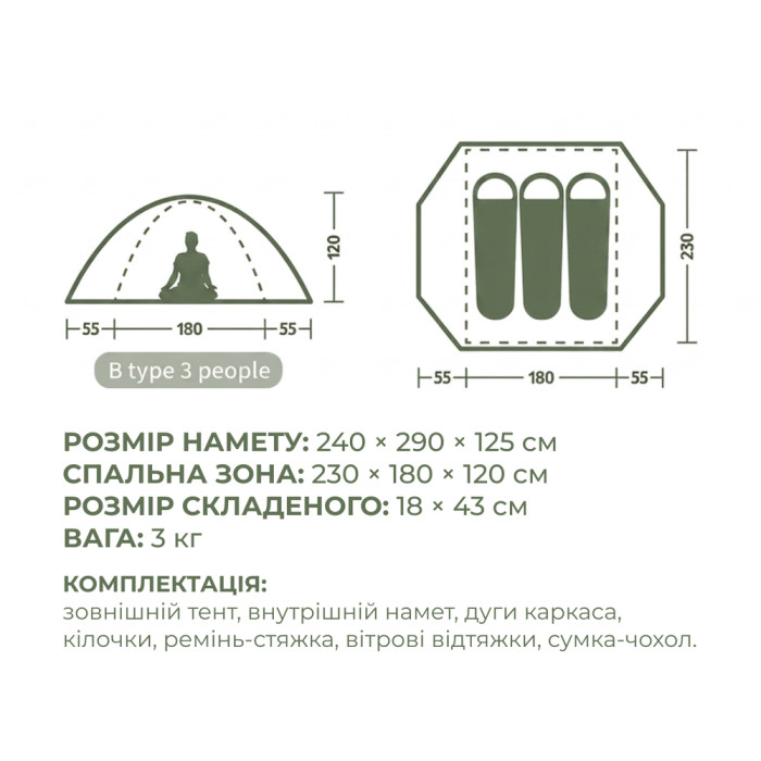 Палатка трехместная Naturehike Bleik Series Tent CNK2550WS038, зеленый (6977465863492)  
