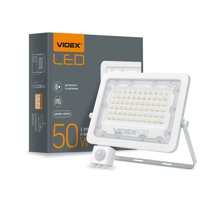 Прожектор VIDEX 50W 5000K с датчиком движения и освещения 220V White (VL-F2e-505W-S)  
