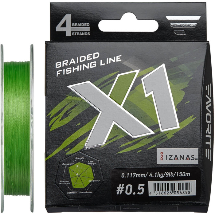 Шнур Favorite X1 PE 4x 150m #0.3/0.090mm 6lb/2.9kg, салатовый  