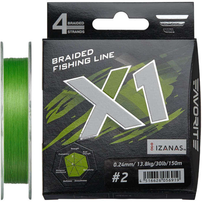 Шнур Favorite X1 PE 4x 150m #2.0/0.240mm 30lb/13.8kg, салатовый  