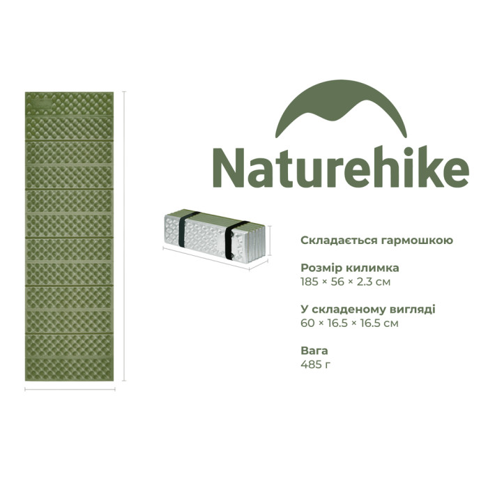 Коврик туристический складной одноместный IXPE Naturehike CNK2650WS010 с алюминиевой пленкой, 185x56x2.3 см, зеленый  