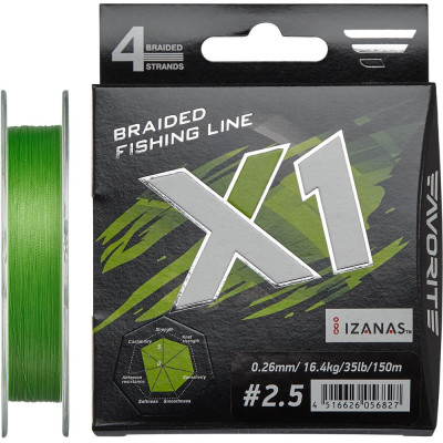 Шнур Favorite X1 PE 4x 150m #2.5/0.260mm 35lb/16.4kg, салатовый