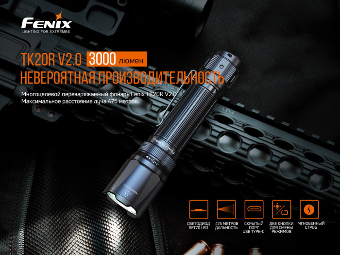 Фонарь Fenix TK20R V2.0 (Luminus SFT70, ANSI 3000 лм, 21700)  