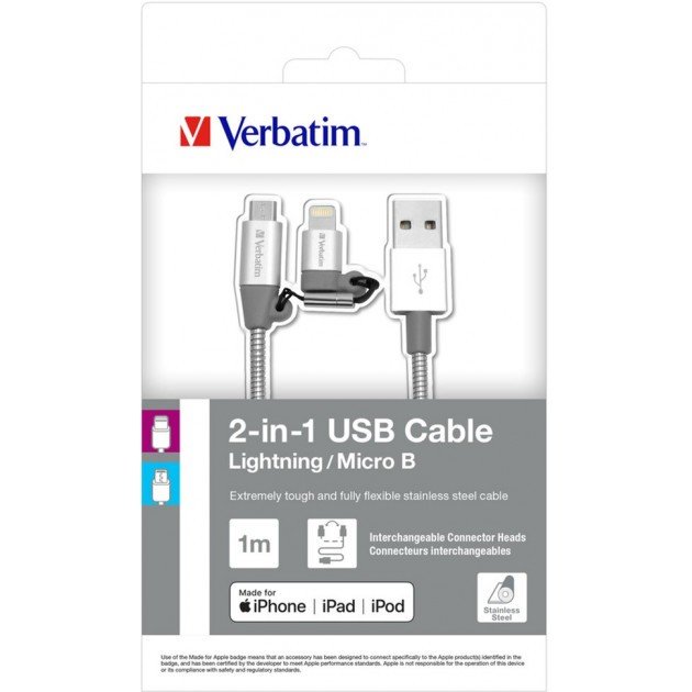 Кабель Verbatim 2в1 USB - Lightning + MicroUSB 1 м Silver