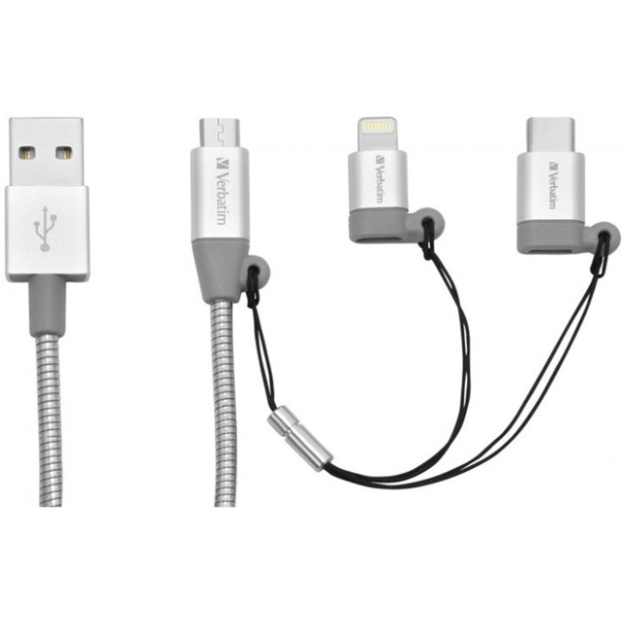 Кабель Verbatim 3в1 USB - USB-C + Lightning + MicroUSB 1 м Silver  