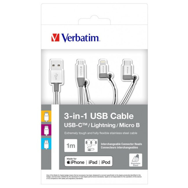 Кабель Verbatim 3в1 USB - USB-C + Lightning + MicroUSB 1 м Silver  