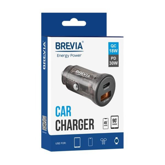 Автомобильное зарядное устройство Brevia ePower DualCharge 30W 1xUSB-C+1xUSB-A, transparent black  