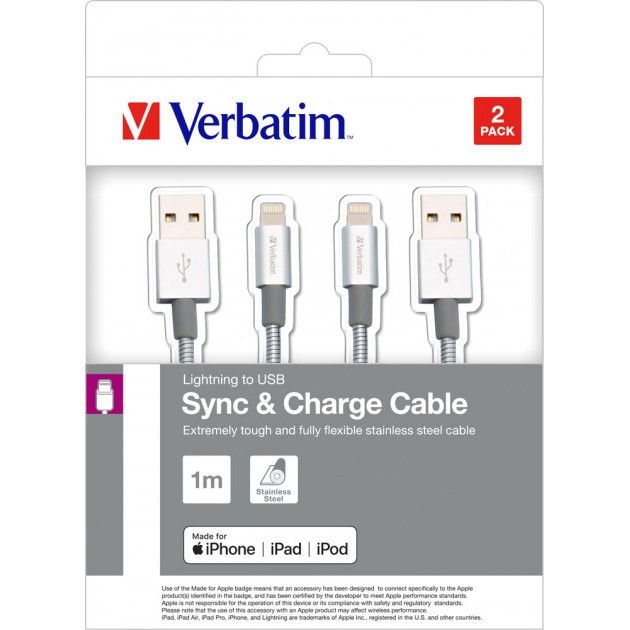Кабель Verbatim USB - Lightning 1 м + 1 м 2 шт Silver  