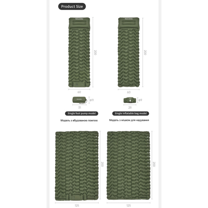 Матрас надувной одинарный Naturehike CNK2550WS019, 65 мм, с мешком для надувания, зеленый  