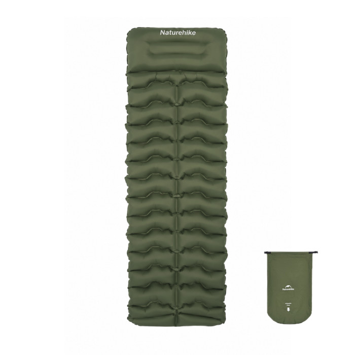 Матрас туристический надувной одноместный Naturehike CNK2550WS019, 200x60x9.5 см, зеленый, прямоугольный с мешком для надува