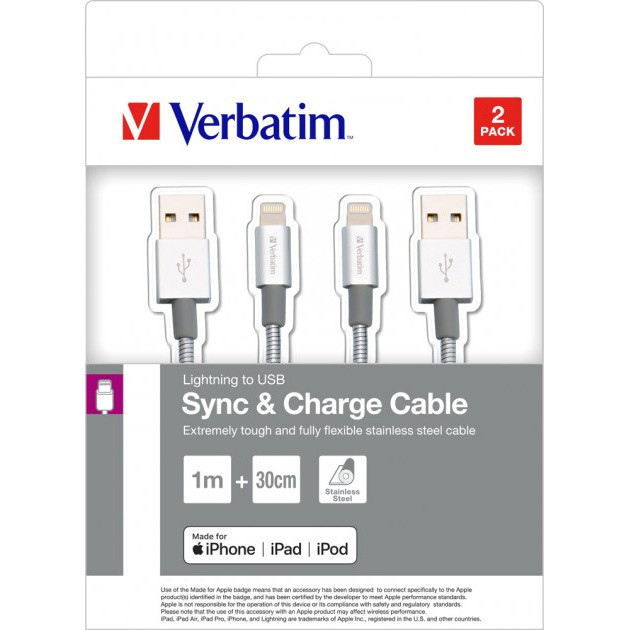 Кабель Verbatim USB - Lightning 1 м + 30 см 2 шт Silver  