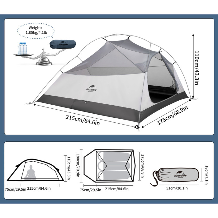 Палатка сверхлегкая трехместная с футпринтом Naturehike Cloud Up 3 UL NH18T030-T-T, 20D, темно-синяя  