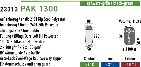 Спальный мешок High Peak Pak 1300, черный /зеленый, правый  