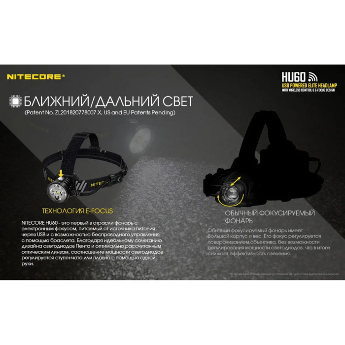 Фонарь налобный Nitecore HU60 (4xCree XP-G3 S3 + 1xXHP35 HD E2, 1600 люмен, 10 режимов, Bluetooth)  
