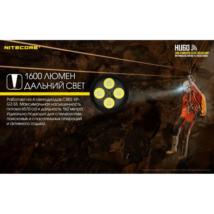 Фонарь налобный Nitecore HU60 (4xCree XP-G3 S3 + 1xXHP35 HD E2, 1600 люмен, 10 режимов, Bluetooth)  