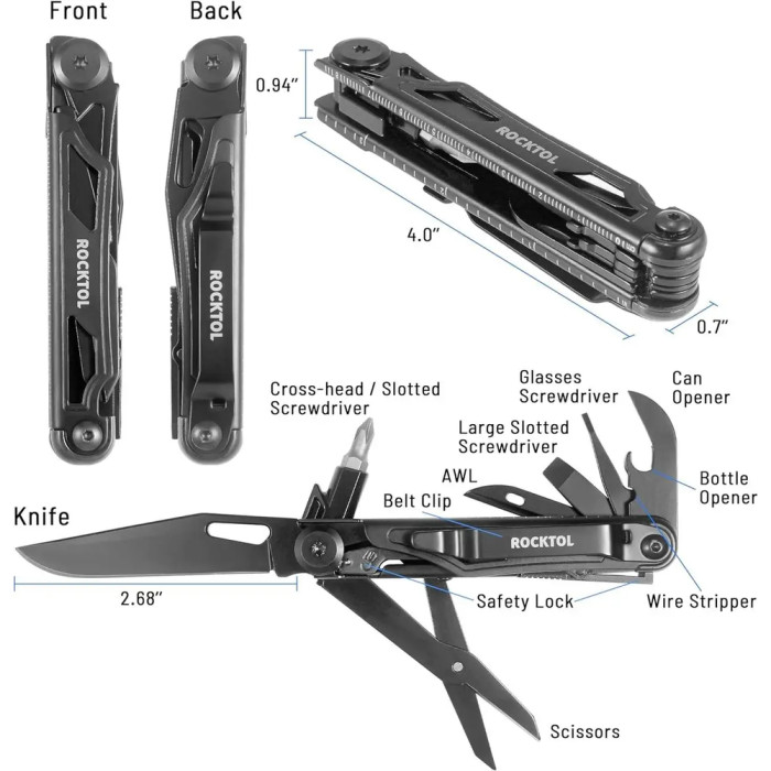 Нож-мультитул Rocktol 12-в-1 в кожаном чехле  