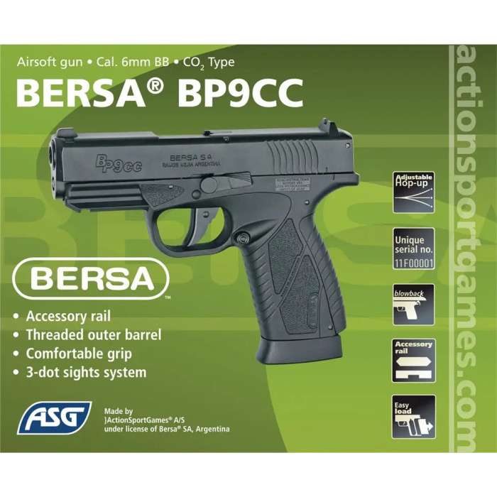 Пистолет страйкбольный ASG Bersa BP9CC. Blowback. СО2 кал. 6 мм  