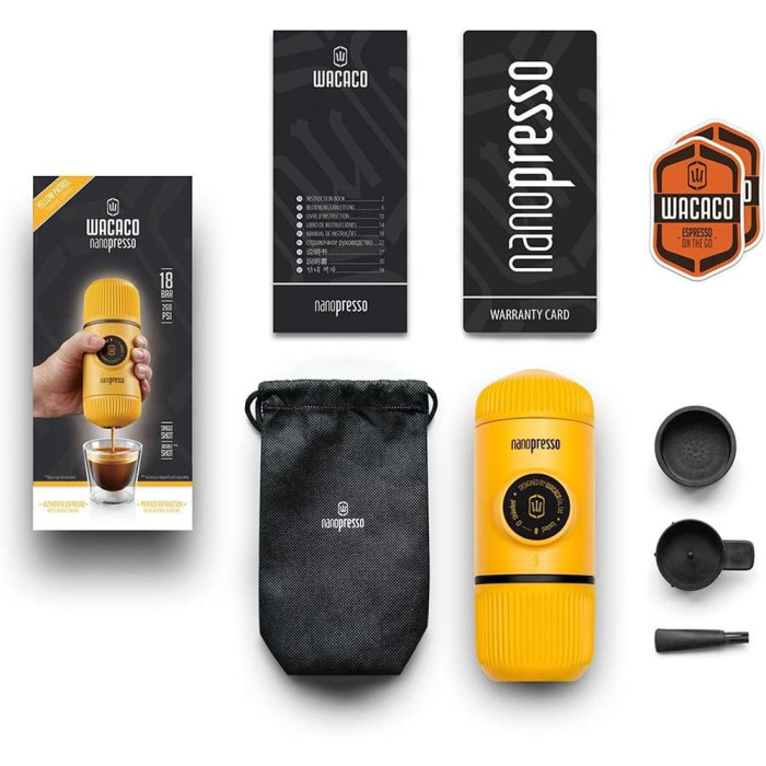 Портативная эспрессо-кофеварка Wacaco Nanopresso желтая, механическая, для молотого кофе  