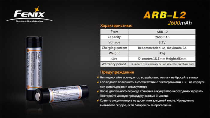 Аккумулятор 18650 2600 mAh Fenix с защитой  