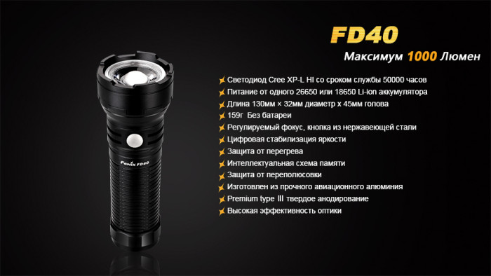 Карманный фонарь Fenix FD40 , серый, XP-L HI LED, 1000 люмен  