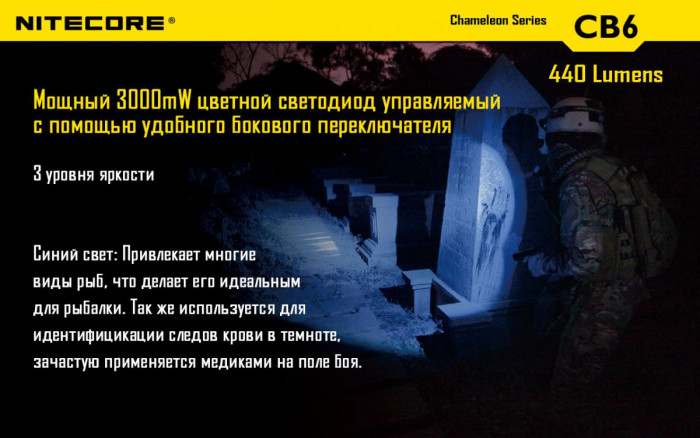 Тактический фонарь Nitecore CB6 (белый + синий + RGB), 440 люмен  