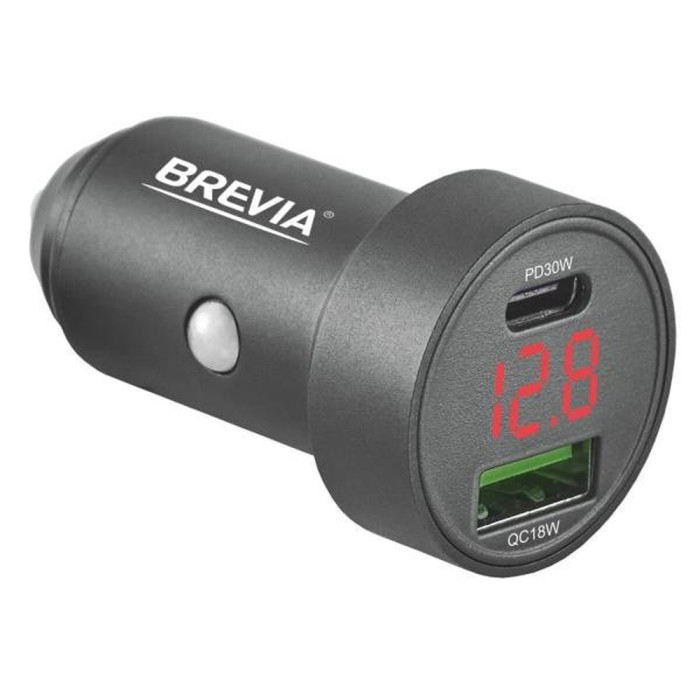Автомобильное зарядное устройство Brevia ePower DualMetal Display 48W 1xUSB-C+1xUSB-A, metal, black  