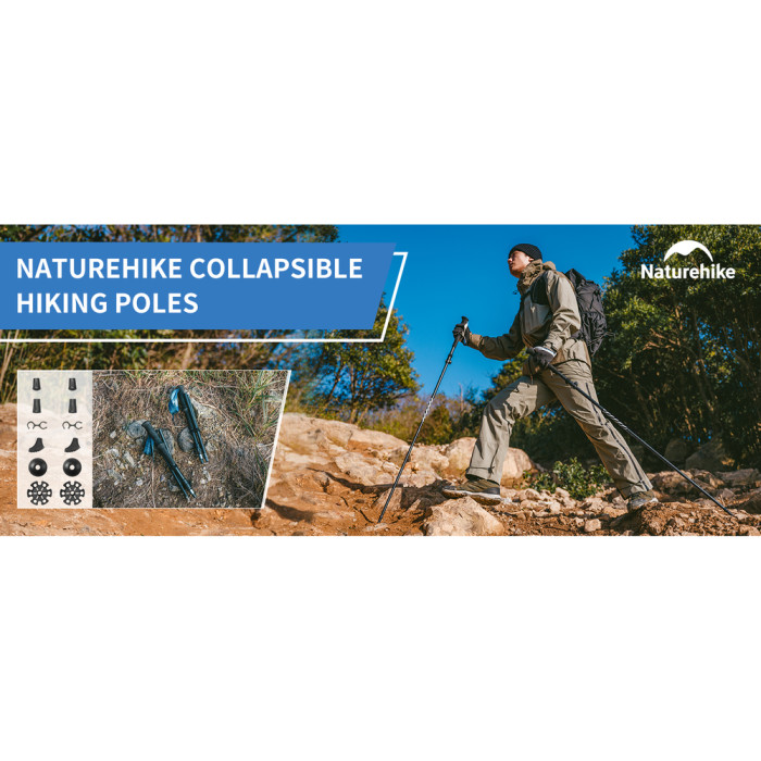 Комплект из пятисекционных складных трекинговых палок Naturehike CNK2450DS013 Gale Pro, 115-135 см, 2 шт, черные  