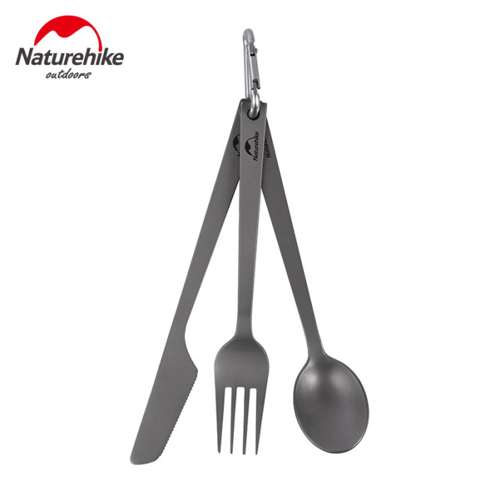 Набор столовых приборов (ложка, вилка, нож) из титана Naturehike NH19T011-D, серый с мешочком  