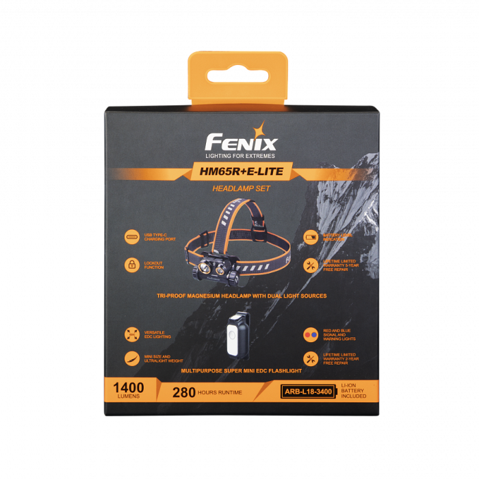 Налобный фонарь Fenix HM65R + универсальный фонарь Fenix E-LITE  