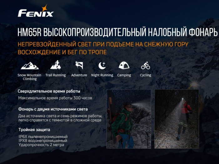 Налобный фонарь Fenix HM65R + универсальный фонарь Fenix E-LITE  