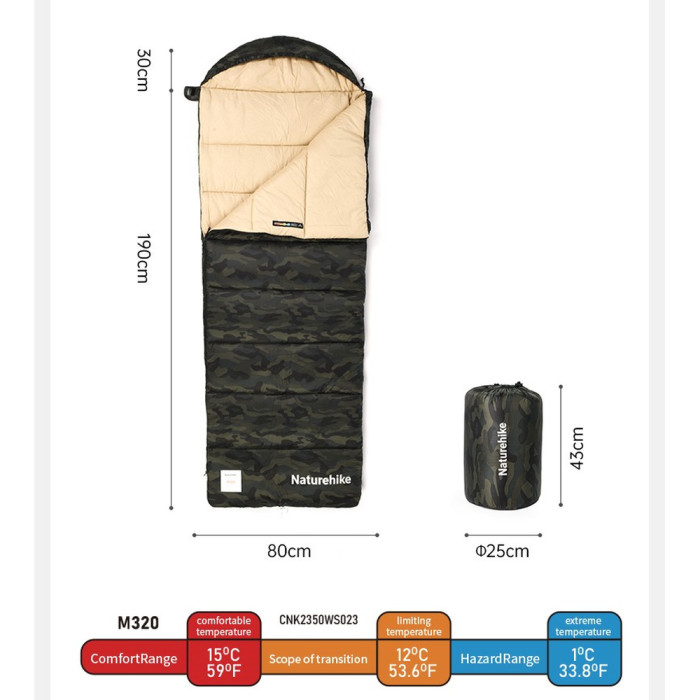 Спальный мешок с капюшоном Naturehike M320 CNK2350WS023, зеленый камуфляж, левый  