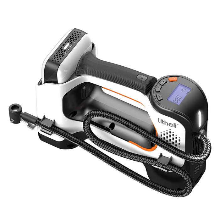 Аккумуляторный компрессор Litheli с фонарем, питание от павербанка (УМБ Litheli Power Bank 20000 mAh, 45 W, 2А в комплекте)  