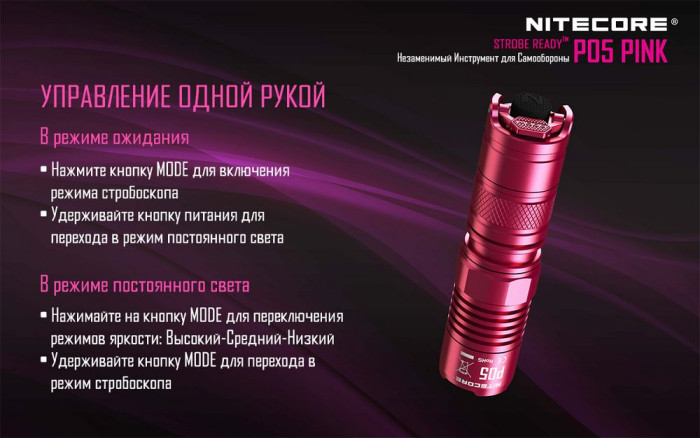 Карманный фонарь Nitecore P05, розовый, 460 люмен  