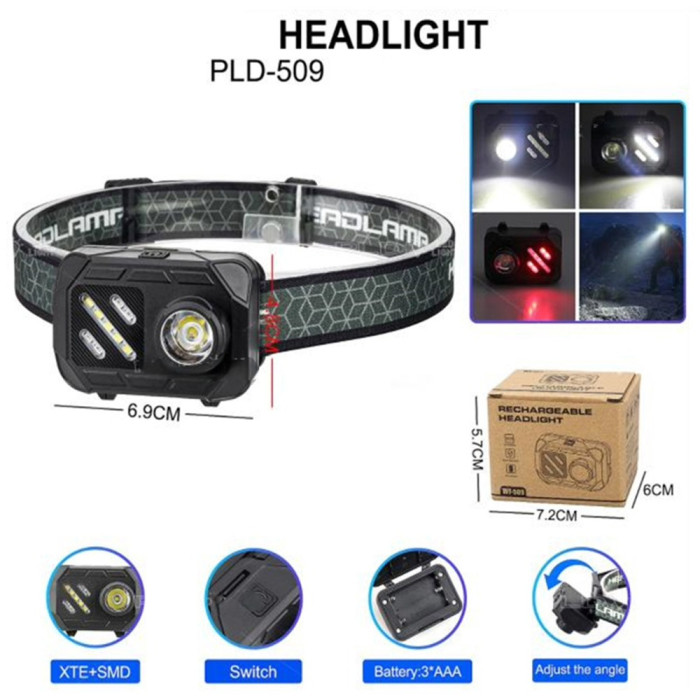 Фонарь налобный Police WT-509+XPE+9SMD, 3xAAA, Box  