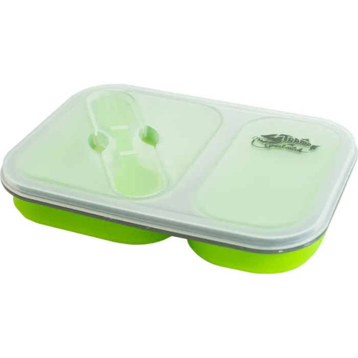 Контейнер складной силиконовый Tramp UTRC-090, 2 отдела, с крышкой защелкой, 900 мл (с ложкой-вилкой), olive  