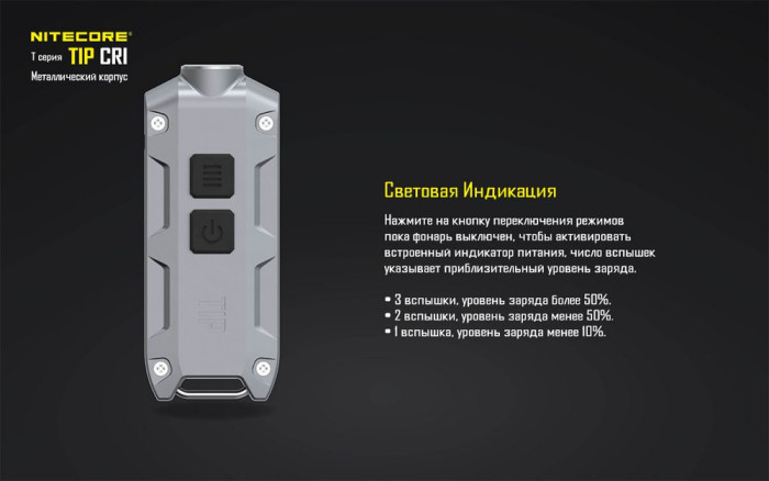 Фонарь- брелок Nitecore TIP CRI, (Nichia LED, 220 люмен, 4 режима, USB),серый  