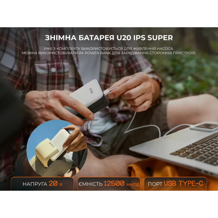 Портативный кемпинговый насос Litheli OP20, питание от павербанка (УМБ Litheli Power Bank 12 500 mAh, 45 W, 2,5 А в комплекте)  