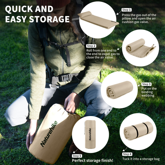 Коврик самонадувающийся одноместный с подушкой Naturehike CNK2450WS020, 100 мм, бежевый  