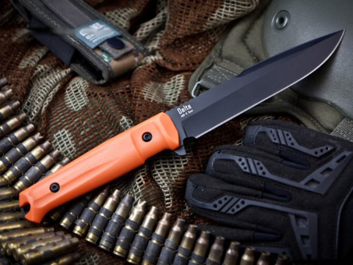 Нож Kizlyar Supreme Delta черный, сталь AUS8, оранжевая рукоять, черные ножны  