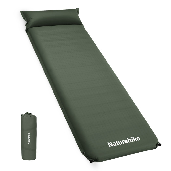 Коврик самонадувающийся одноместный с подушкой Naturehike CNK2450WS020, 100 мм, темно-зеленый  