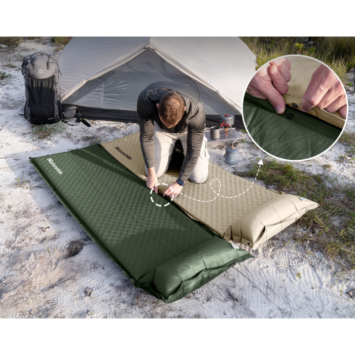 Коврик самонадувающийся одноместный с подушкой Naturehike CNK2450WS020, 100 мм, темно-зеленый  
