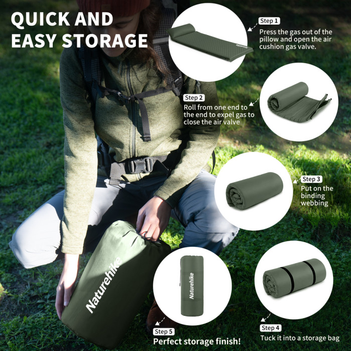 Коврик самонадувающийся одноместный с подушкой Naturehike CNK2450WS020, 100 мм, темно-зеленый  