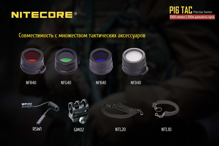 Карманный фонарь Nitecore P16 TAC, 1000 люмен  