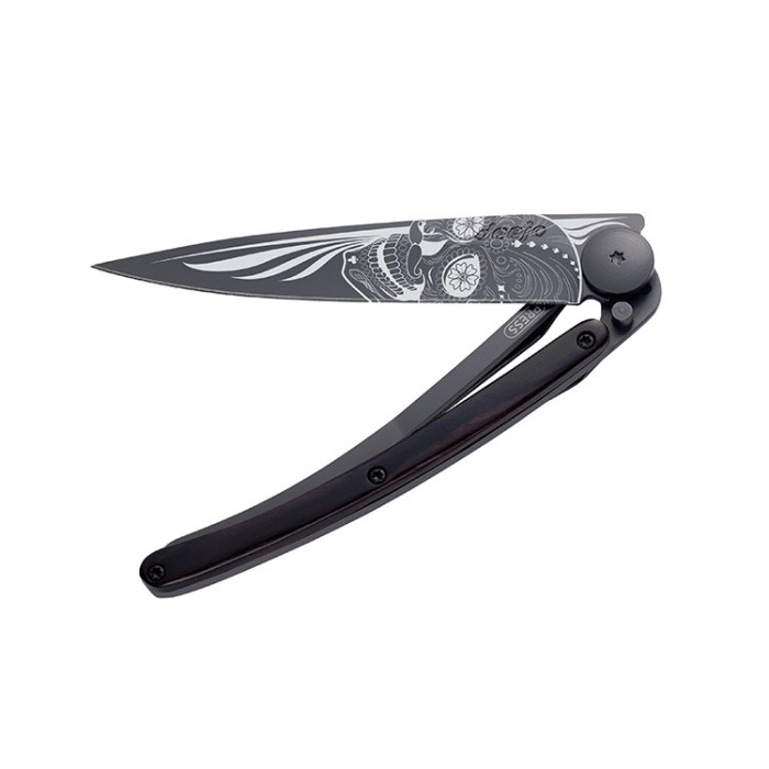 Нож Deejo Tattoo Wood Black 37 g, Granadilla , "Latino skull"  