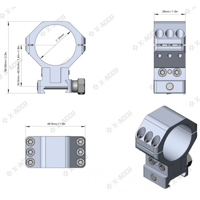 Кольца Vector Optics X-Aссu 34 мм на Вивер/Пикатини с регулируемой высотой 34,5-40,5 мм.  