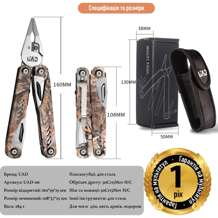 Мультитул профессиональный UAD ForestPro 19 инструментов Камуфляж 420/440  